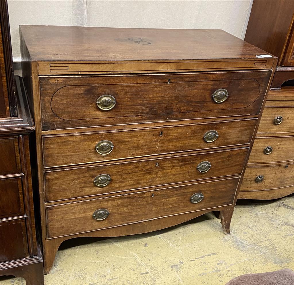 A Regency mahogany and ebony line inlaid secretaire chest of drawers, width 106cm, depth 50cm, height 106cm